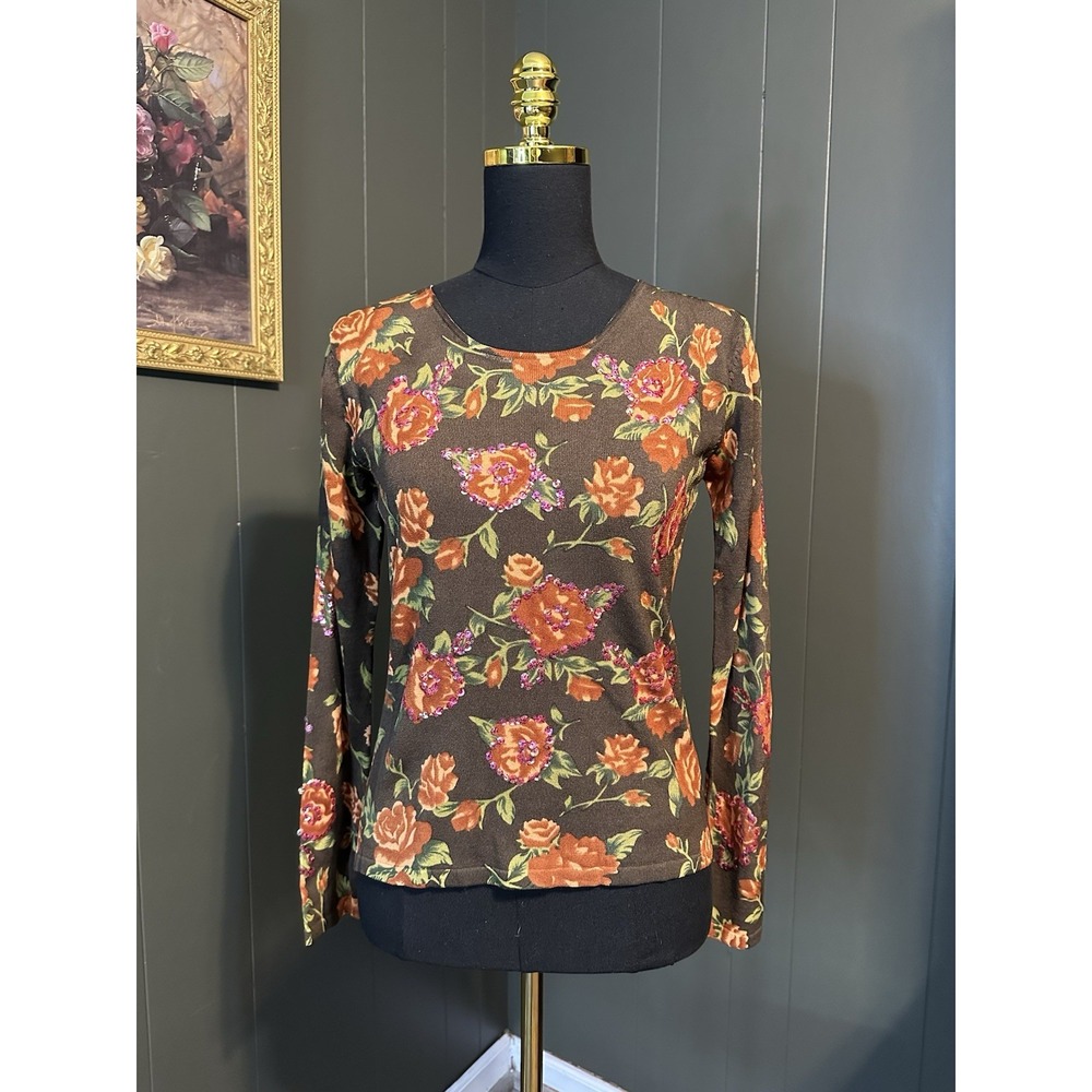 Euro X Chocolate Brown Pullover Sweater Floral Sequin M Medium‎ NWT